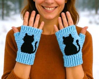 Eenvoudig haak- en motiefpatroon zwarte kattenhandschoen, 2-in-1 patroon van kattenmotief en handschoen, Engels Duits Frans Spaans