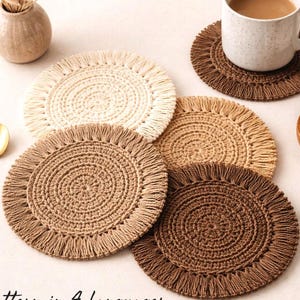 Crochet Coaster Pattern,  Boho Fringe Coasters PDF, Neutral Coffee Tone Coasters, DIY Mug Rug Pattern, Handmade Gift Idea, 4 Languages