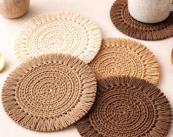 Crochet Coaster Pattern,  Boho Fringe Coasters PDF, Neutral Coffee Tone Coasters, DIY Mug Rug Pattern, Handmade Gift Idea, 4 Languages