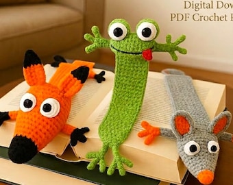 Crochet Frog, Mouse, Fox Bookmark Pattern Bundle, Amigurumi Animal Bookmark Pattern Bundle, 4 Languages (PDF Pattern)