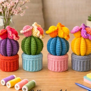 Crochet Cactus Pattern with Pot and Flowers, Video Tutorial (PDF Pattern) English German French Spanish
