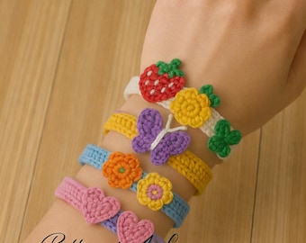 Crochet Friendship Bracelet Pattern PDF - Flower, Butterfly, Strawberry, Heart - 4 Languages