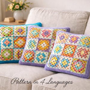 Granny Square Pillow Pattern PDF – Crochet Pillow Cover PDF– Crochet Cushion Cover  – 4 Languages