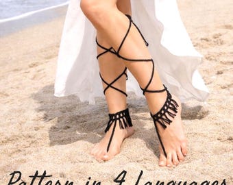 Wzór na szydełkowe sandały barefoot w formacie PDF, sandały plażowe boho, biżuteria na stopy na lato, dla początkujących, 4 języki