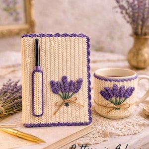 Crochet Lavender Notebook and Mug Cover Pattern, Beginner-Friendly , English German French Spanish