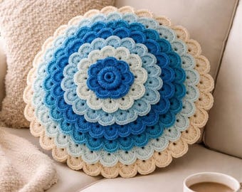 Crochet Round Pillow Pattern PDF, Mandala Cushion Cover Tutorial, Succulent Boho HomeDecor,Step by Step Pattern,Digital Download,4 Languages