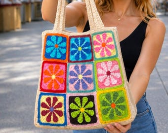 Patrón de bolso tote de ganchillo con margaritas en PDF, patrón de bolso de ganchillo con flores cuadradas estilo abuela, bolso de hombro floral de ganchillo, 4 idiomas