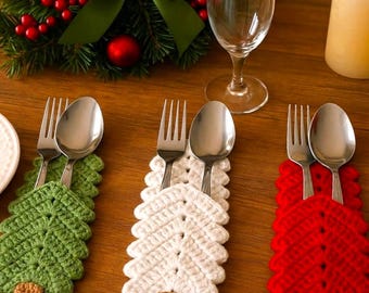 Christmas Tree Cutlery Holder Crochet Pattern – Holiday Table Decor, Christmas Dinner Table Video Tutorial - English German French Spanish