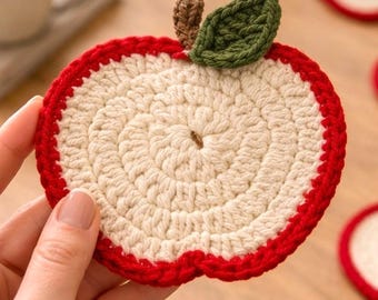 Crochet Apple Coaster Pattern PDF – Apple Slice Coaster – Fruit Coaster Crochet Pattern – 4 Languages
