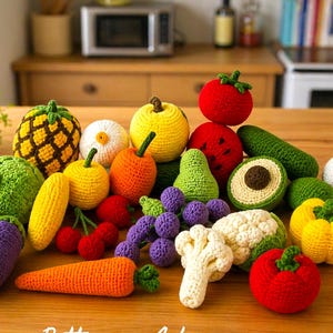 Bundel met 21 gehaakte groente- en fruitpatronen, pdf, amigurumi-speelgoedset, 4 talen, pakket met haakpatronen geschikt voor beginners, set speelgoedvoedsel