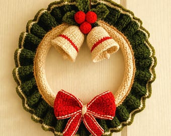 Christmas Crochet Wreath Pattern PDF in 4 Languages, Crochet Door Wreath Pattern, Holiday Bells & Bow Wreath, DIY Christmas Decor