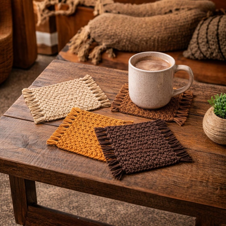 Op de afbeelding: Een verzameling handgemaakte gehaakte onderzetters in verschillende aardetinten, waaronder beige, mosterdgeel en bruin. Een mok warme chocolademelk staat op een van de onderzetters. De onderzetters hebben een gefranjerde rand.