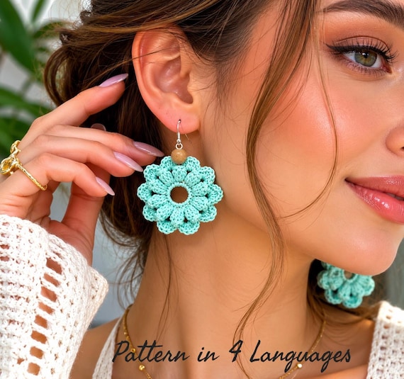 Crochet Flower Earrings Pattern PDF, Daisy Earrings Tutorial in 4 Languages, Boho Crochet Jewelry Pattern