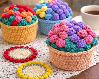 Patrón de posavasos de flores a crochet, cómo transformar posavasos en cestas para ramos de flores, patrón de crochet 2 en 1, idea para regalo, tutorial en PDF, 4 idiomas.