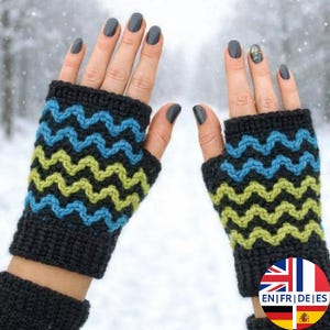 Modèle de mitaines en crochet en zigzag - Chauffe-poignets à chevrons - Anglais Allemand Français Espagnol