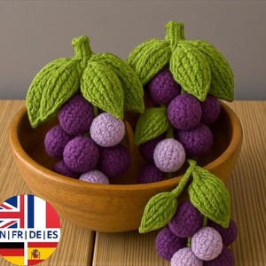 Padrão de crochê de uva amigurumi, brinquedo de fruta fácil, inglês, alemão, francês e espanhol
