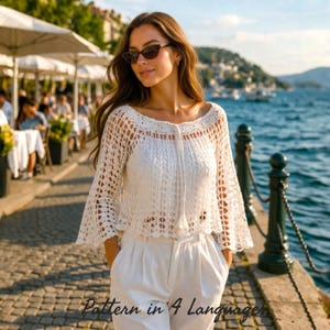 Boho Lace Crochet Blouse , Bell Sleeve Top with Tie Neck Summer, Boho Crochet Blouse Pattern, English German French Spanish