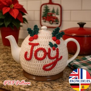 Patrón de funda para tetera navideña de crochet, funda para calentador de tetera navideña, decoración Joy (inglés, alemán, francés, español)