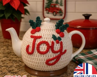 Patrón de funda para tetera navideña de crochet, funda para calentador de tetera navideña, decoración Joy (inglés, alemán, francés, español)