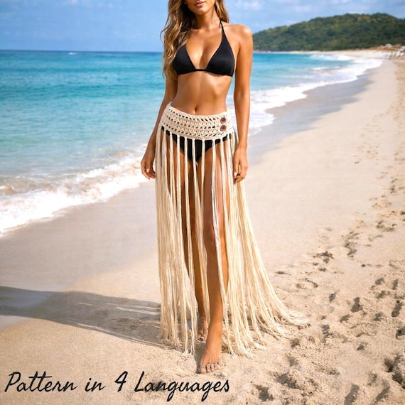 Crochet Boho Beach Skirt Pattern PDF – Fringe Long Fringe Skirt – Summer Beach Cover Up – 4 Languages