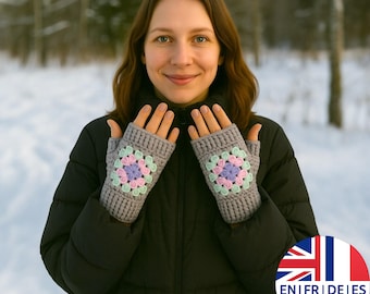 Easy Fingerless Granny Square Crochet Glove Pattern,  English German French Spanish