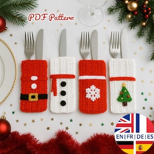 Patrón de crochet para 4 portacubiertos navideños fáciles (inglés, alemán, francés y español)