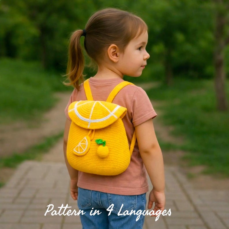 A young girl wearing a bright yellow handmade crochet lemon backpack stands on a tree-lined park path. The backpack features a lemon-slice flap, white crochet details, adjustable shoulder straps, and small lemon-shaped decorations with green leaves. White text at the bottom reads “Pattern in 4 Languages.”