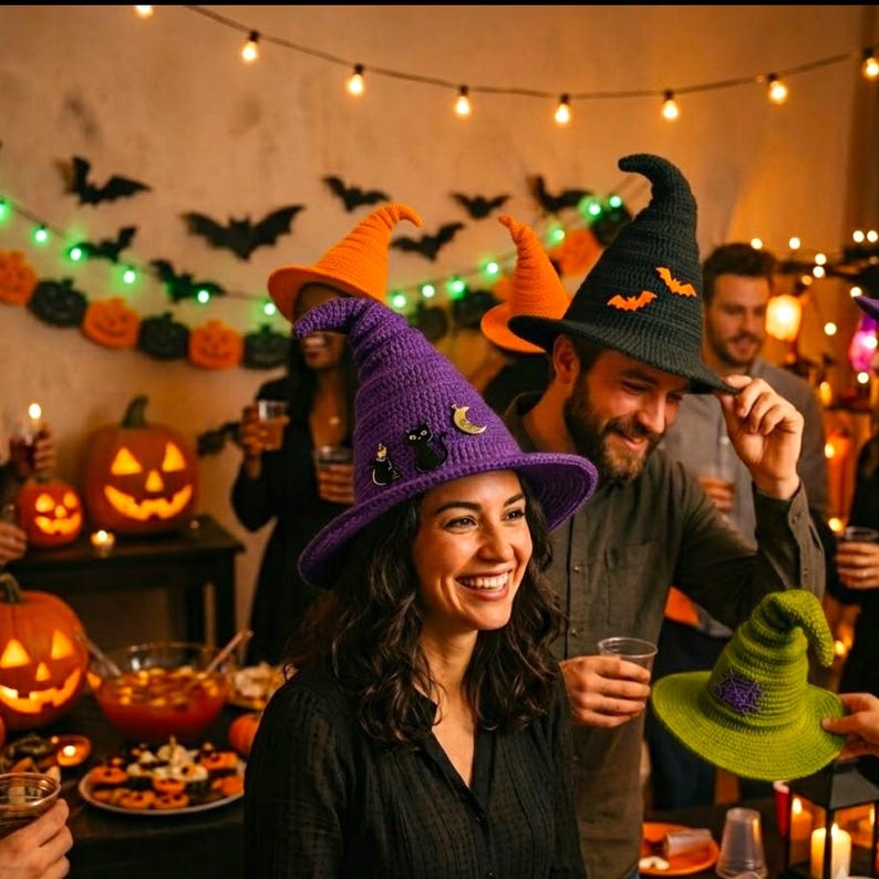 Puede incluir: Una colecci&oacute;n de sombreros de bruja de ganchillo en morado, naranja, verde y negro, con peque&ntilde;os pines decorativos de un gato, una luna y murci&eacute;lagos. Los sombreros tienen copas puntiagudas y alas anchas, exhibidos en un entorno con calabazas.