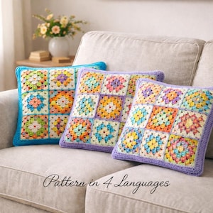 Granny Square Pillow Pattern PDF – Crochet Pillow Cover PDF– Crochet Cushion Cover  – 4 Languages