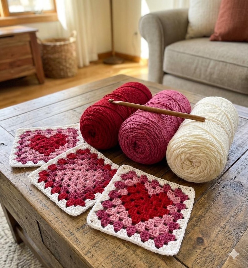 Crochet Heart Granny Square Motif Pattern – Valentine's Day Project - English German French Spanish image 4