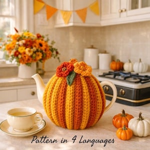 ヴィンテージかぎ針編みティーコージーパターン - 秋の花、花柄ティーポットカバー 英語 ドイツ語 フランス語 スペイン語