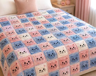 Cute Cat Granny Square Blanket Crochet Pattern PDF, 4 Languages Crochet Tutorial,Cat Motif Pattern, Patchwork Kitty Blanket,Digital Download