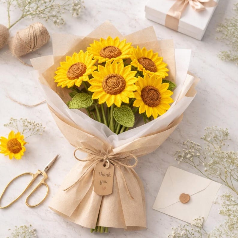 Wired-Stem 3D Sunflower crochet pattern listing photo by PatternCraftCrochet