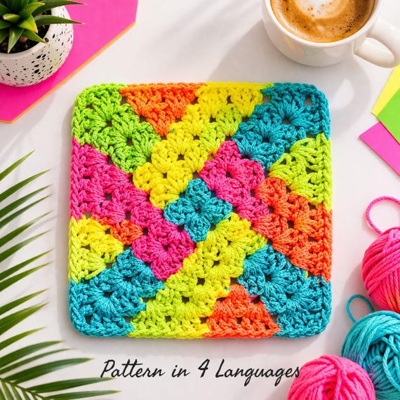 Granny Square Crochet Pattern PDF, Colorful Crochet Motif, Modern Afghan Block, Beginner Friendly, 4 Languages