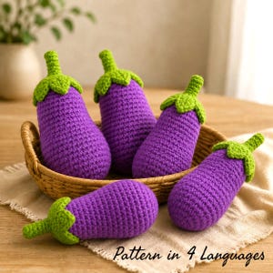 Patrón de amigurumi de berenjena a crochet en PDF, tutorial de comida de juguete de berenjena, patrón de verduras a crochet para principiantes, inglés, francés, alemán, español