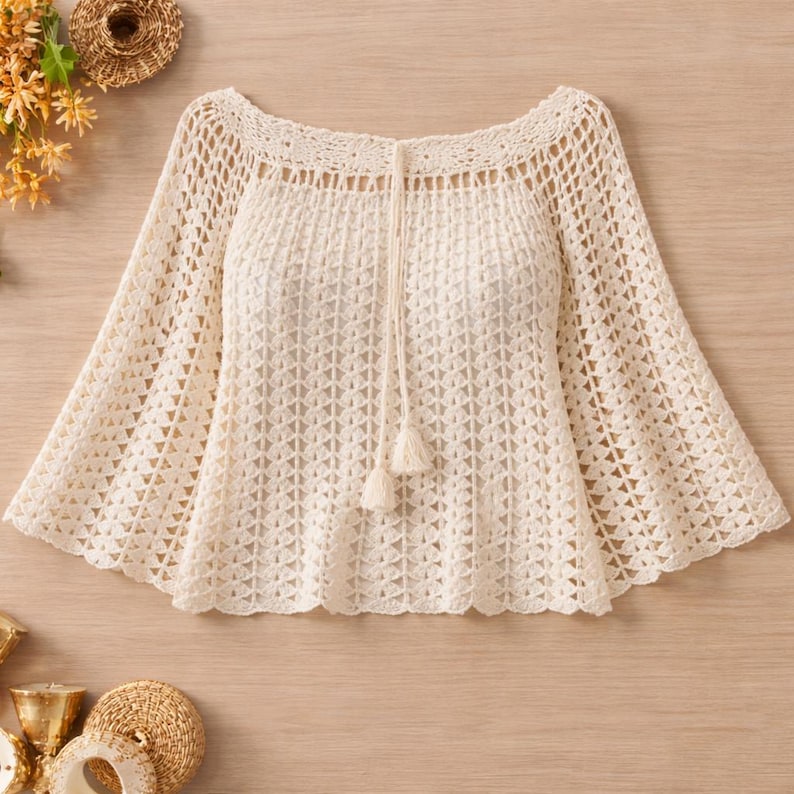 May include: Off-white crochet top with a wide neckline and flared sleeves. The top features a geometric pattern and a drawstring with two tassels. The garment is made of a soft, open-weave material.