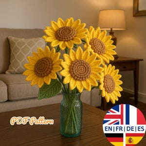 Schema all'uncinetto per girasole – Fiore 3D realistico con stelo metallico – Decorazione per vaso in PDF – Adatto ai principianti – 4 lingue