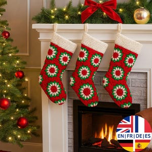 Modèle de bas de Noël au crochet, décoration de Noël carré grand-mère, anglais allemand français espagnol
