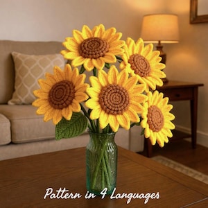 Sonnenblume Häkelanleitung – Realistische 3D Blume mit drahtverdrahtetem Stiel – Vase Decor PDF - Anfängerfreundlich - 4 Sprachen