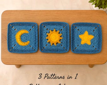 Moon Sun Star Crochet Squares Pattern - 3 in 1 Motiv Pattern Bundle - Häkelset Galaxy Motiv - Englisch Deutsch Französisch Spanisch