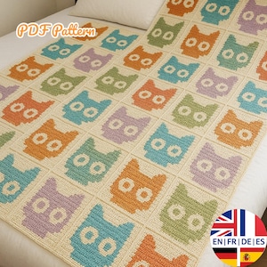 Enkelt virkmönster med kattansikte, virkmönster med kattansikte, 30 x 30 cm rutmönster, engelska tyska franska spanska