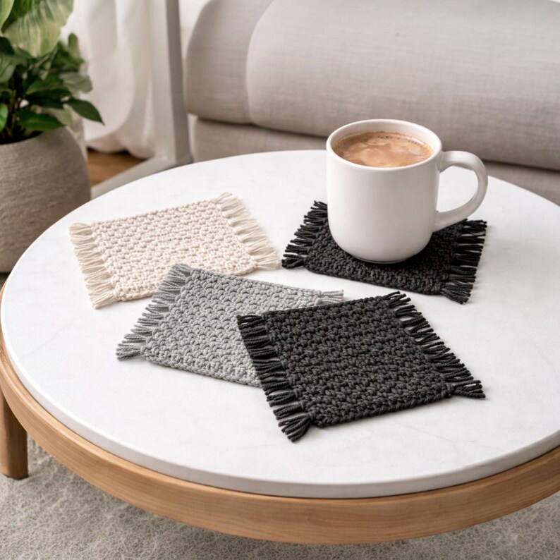 Op de afbeelding: Vier vierkante gehaakte onderzetters in cr&egrave;me, grijs en zwart met franjes worden getoond op een witte tafel. Een witte mok gevuld met koffie staat op een van de zwarte onderzetters. De onderzetters zijn een decoratief woonaccessoire.
