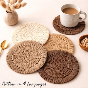 Crochet Coaster Pattern,  Boho Fringe Coasters PDF, Neutral Coffee Tone Coasters, DIY Mug Rug Pattern, Handmade Gift Idea, 4 Languages