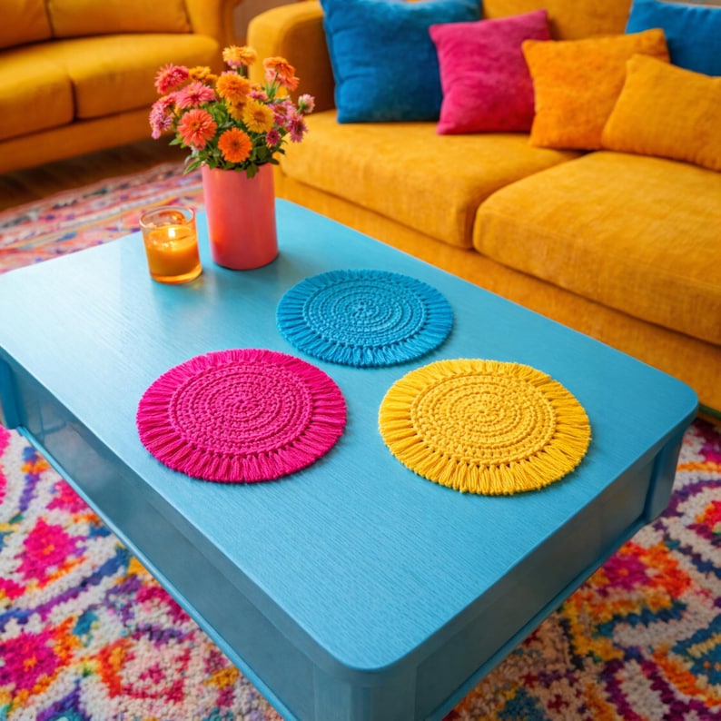 May include: Three colorful, round coasters sit on a blue coffee table. The coasters are bright pink, blue, and yellow, with a fringed edge. A vase of flowers and a lit candle are also on the table, with a yellow couch and pillows in the background.