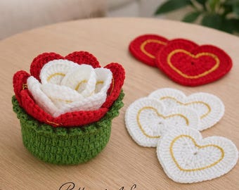Crochet Heart Coaster Turns into Rose Pattern – Rose Storage Basket- English German French Spanish