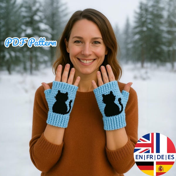 Easy Black Cat Glove Crochet&Motif Pattern, 2 in1 Pattern of Cat Motif and Glove, English German French Spanish