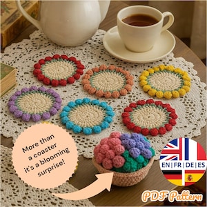 Blooming Flower Coaster and Basket Pattern, Foldable Crochet Bouquet Set Turns Into Bouquet, English German French Spanish
