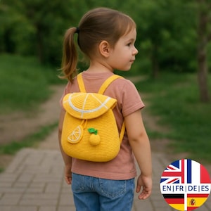 Padrão de crochê para bolsa de limão, mochila infantil, inglês, alemão, francês e espanhol.