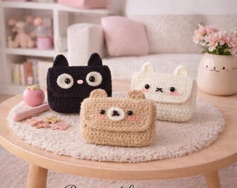 Crochet Animal Wallet Pattern 3 in 1 – Cat Bear Bunny Pouch PDF – Cute Coin Purse Crochet Pattern – 4 Languages
