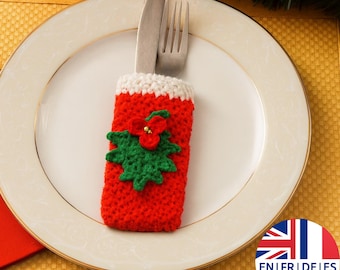 Gehäkelte Weihnachtsbesteck Halter Muster, Handgemachte Feiertag Tischdekoration, Englisch Deutsch Französisch Spanisch